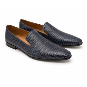FRANCO SARTO Steel Blue Croc Embossed Leather Loafers Pointed Toe Flats | 5.5